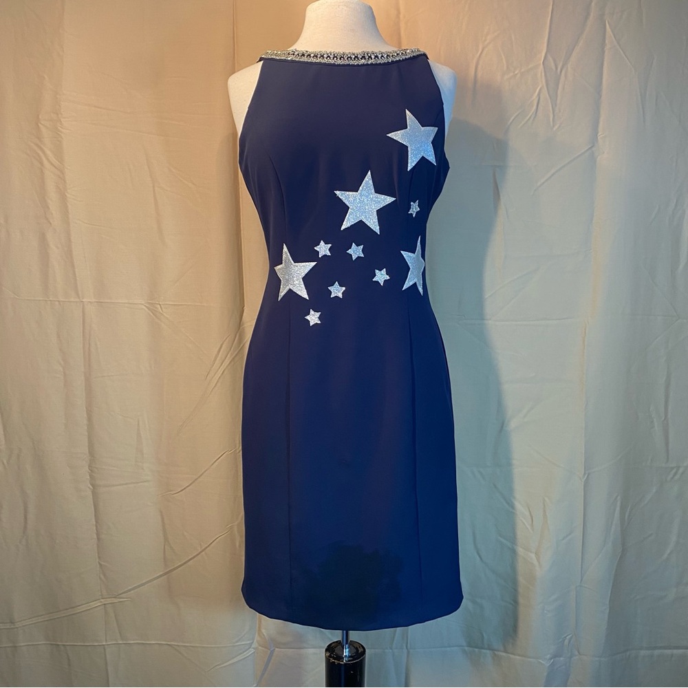 Minuet Navy Blue High Neck Knee Length Sleeveless Dress with Clear Beads Size L